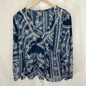 Cure. Size Large Flowy Boho Floral Navy V-Neck Casual Festival Peasant Blouse To